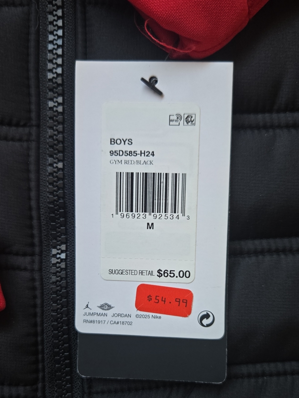 NWT Boy’s Jordan Jumpman Synthetic Fill Puffer Coat Red/Black, Size M 10-12Yrs - Picture 3 of 4